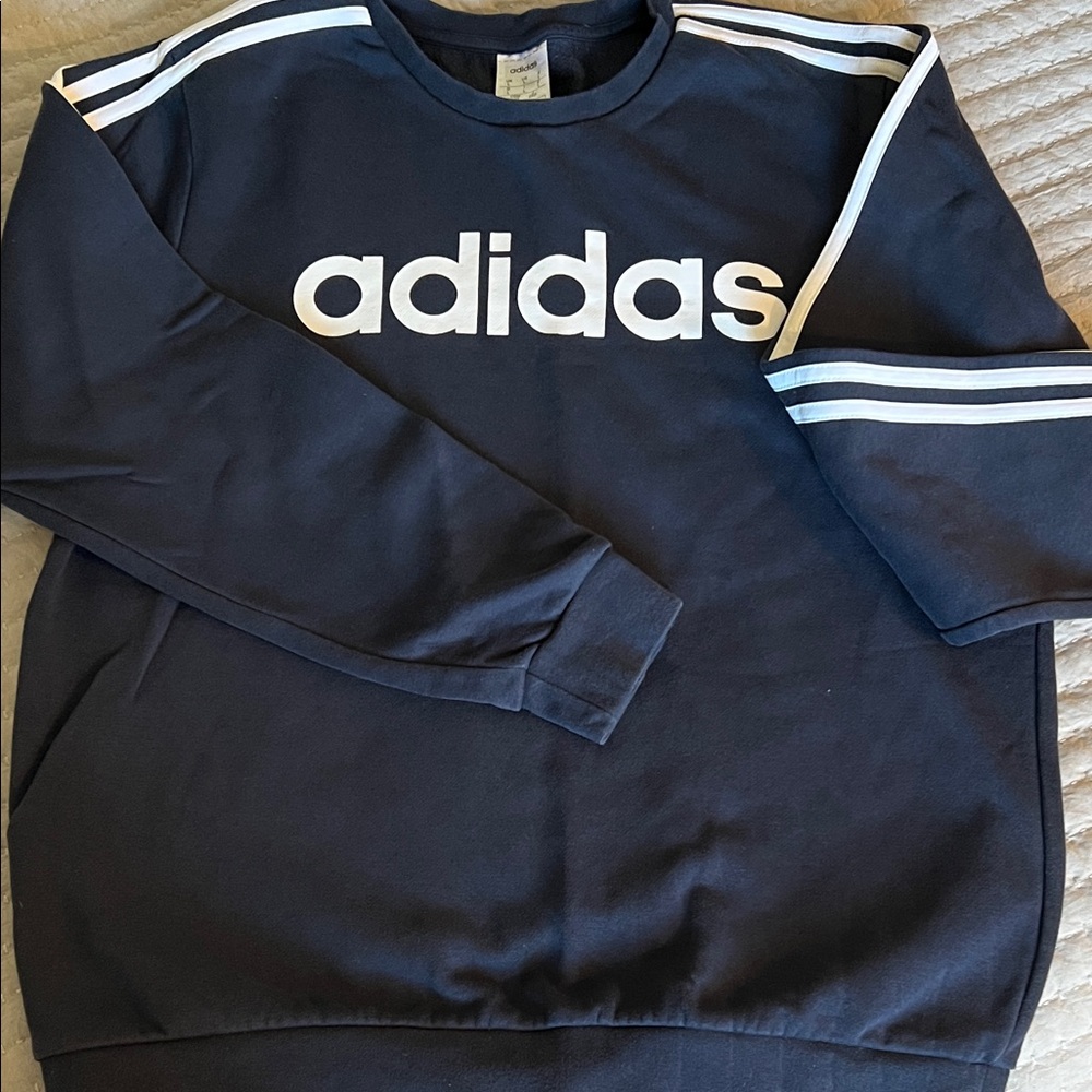 Adidas Women's Navy Sweatshirt with White Logo and Stripes